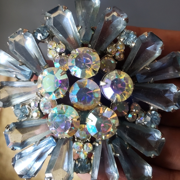 50s Rhinestone Crystal AB Brooch Pin Cluster Blue - Picture 5 of 11